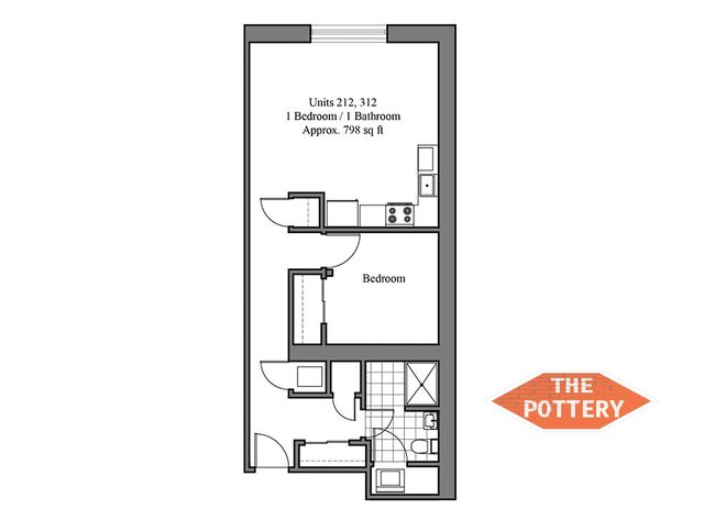 Charming 1-bedroom apartment floor plan with efficient kitchen and bathroom layout at The Pottery, approximately 798 sq ft.