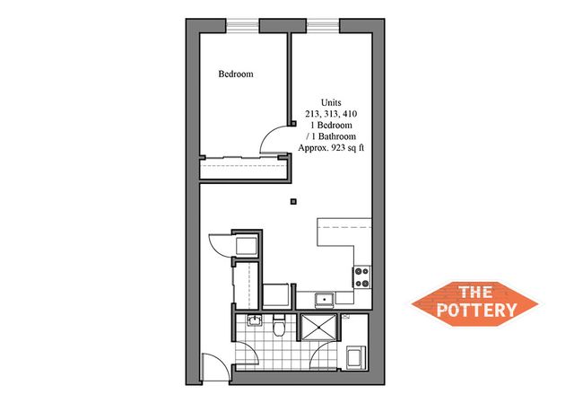 Contemporary 1-bedroom apartment layout with efficient kitchen and bathroom design, approx. 923 sq ft.