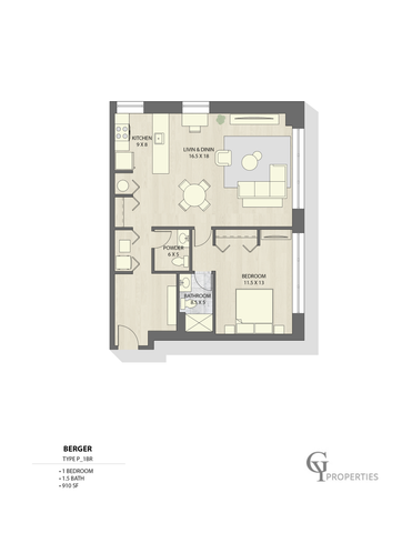 Modern 2D floor plan featuring a 1-bedroom layout with open living and dining area, kitchen, and 1.5 bathrooms.