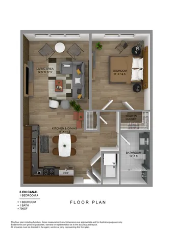 Detailed 3D floor plan of a modern 1-bedroom apartment with spacious living area, kitchen, and walk-in closet.