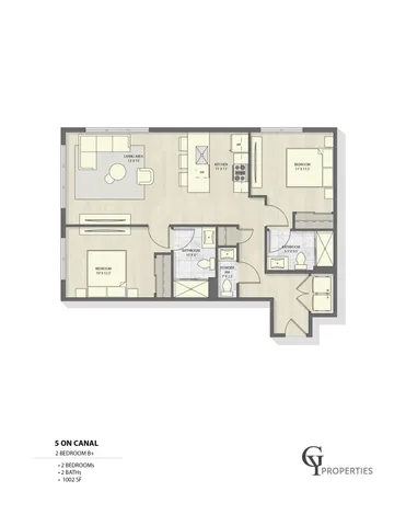 Elegant 2D floor plan showcasing 2 bedrooms and 2 bathrooms with a spacious living area and modern kitchen.