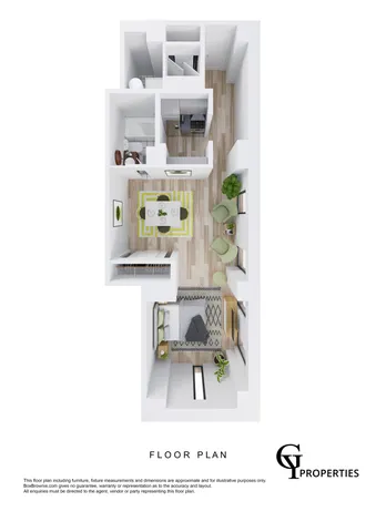 3D floor plan of a cozy apartment with a bedroom, a vibrant dining area, and a modern kitchen.