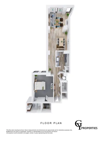 3D floor plan featuring a spacious living area, dining space, modern kitchen, and bedroom.