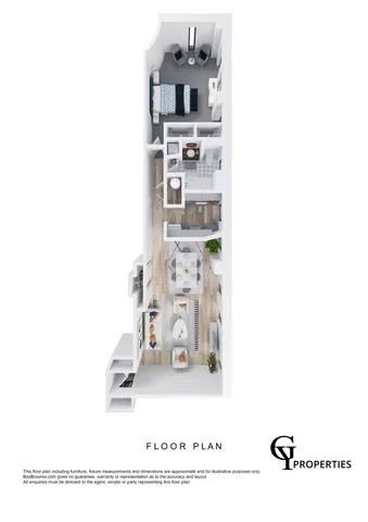 Stylish 3D floor plan featuring 1 bedroom, living room, dining area, and modern kitchen.
