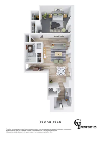 Chic 2D floor plan showcasing a single bedroom apartment with an open living area, modern kitchen, and sleek bathroom.