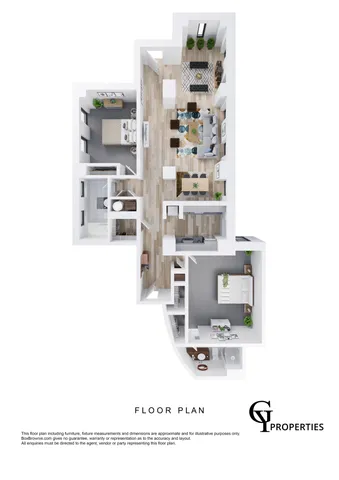 3D floor plan displaying two bedrooms, open living and dining area, modern kitchen, and two bathrooms.