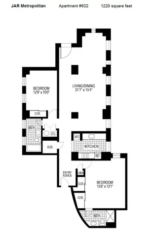 Contemporary floor plan of JAR Metropolitan featuring two spacious bedrooms, a large living/dining area, and a modern kitchen.