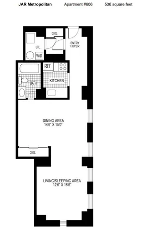 Floor plan of JAR Metropolitan Apartment #606, showcasing open living and dining areas with a compact kitchen.