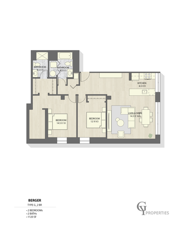 Detailed floor plan of Berger apartment with 2 bedrooms, 2 baths, and open living space, 1120 sq ft.