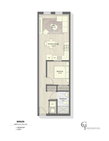 Detailed floor plan of a one-bedroom apartment with living area, kitchen, and bathroom.