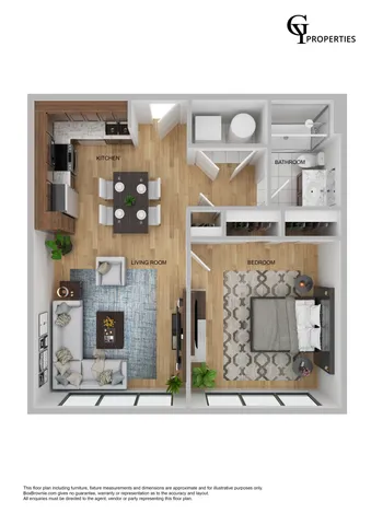 3D floor plan depicting a chic city apartment with a bedroom, living room, kitchen, and bathroom.