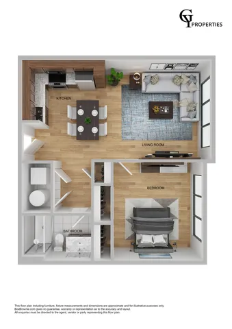 Sophisticated 3D floor plan featuring a luxurious one-bedroom layout with a modern kitchen and cozy living room.