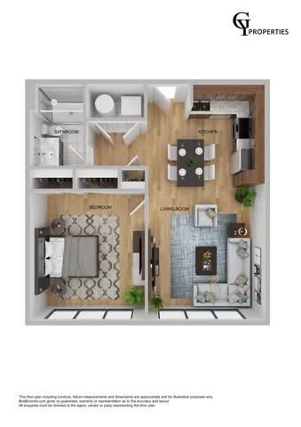Charming 3D floor plan with a bedroom, open living room, modern kitchen, and bathroom.
