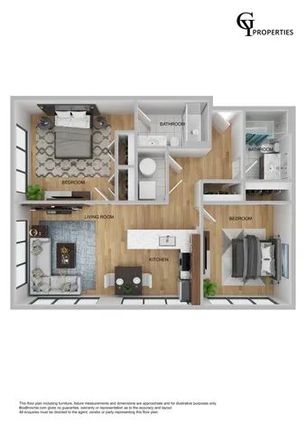 Elegant 3D floor plan showcasing two bedrooms, modern kitchen, and open living area.