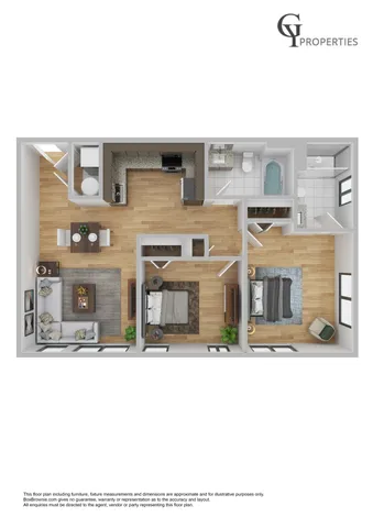 Modern floor plan showcasing a spacious 2-bedroom apartment with an open-concept living and dining area, sleek kitchen, and a stylish bathroom layout.