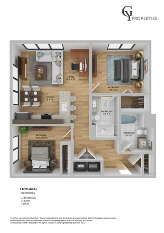 Inviting 2-bedroom floor plan with expansive living area, modern kitchen, and two stylish bathrooms, perfect for comfortable living.