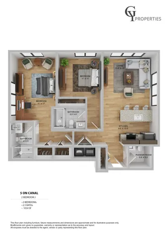Modern 3D floor plan showcasing 2 spacious bedrooms, open living area, sleek kitchen, and 2.5 baths in a 1034 sq ft layout.