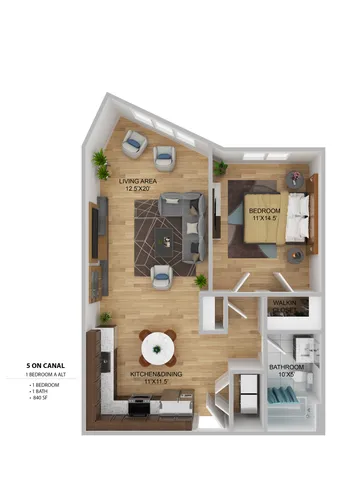Elegant 1-bedroom apartment floor plan at 5 on Canal, featuring a spacious living area, modern kitchen and dining space, and a walk-in closet, totaling 840 sq ft.