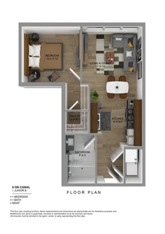 Modern 3D floor plan showcasing a 1-bedroom apartment with open living and dining area, sleek kitchen, and ample walk-in closet in 565 sq ft.