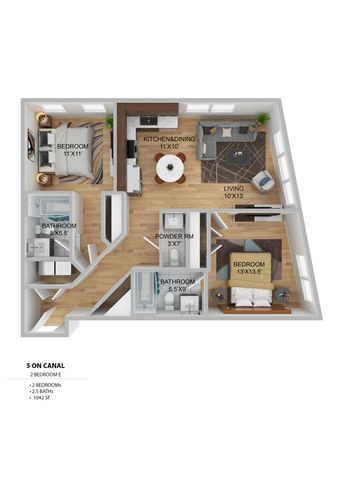 Modern 3D floor plan for \'5 on Canal,\' featuring 2 bedrooms, stylish kitchen and dining area, spacious living room, and 2.5 bathrooms in 1042 sq ft.