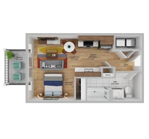 Modern studio apartment floor plan featuring a cozy bedroom, open-concept living and dining area, functional kitchen, spacious bath, inviting balcony, and ample pantry space.