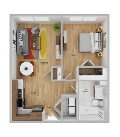 Chic 1-bedroom apartment floor plan featuring a cozy living and dining area, modern kitchen, and elegant bath located at Pier 40, Philadelphia.
