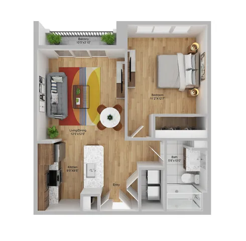 Modern 1-bedroom apartment floor plan with an open-concept living and dining area, stylish kitchen, and private balcony. Located at Pier 40, 933 N Penn St, Philadelphia PA 19123.