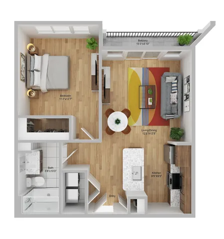 Charming 1-bedroom floor plan with open living and dining area, stylish kitchen, and private balcony at Pier 40, Philadelphia.