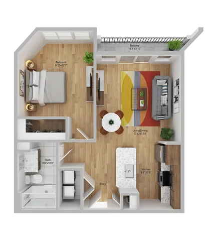 Chic 1-bedroom floor plan with open living/dining area, modern kitchen, cozy bathroom, and a private balcony at Pier 40, Philadelphia.