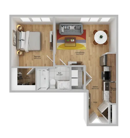 Modern 1-bedroom floor plan featuring a cozy living/dining area, stylish kitchen, chic bathroom, and a private balcony in Philadelphia.