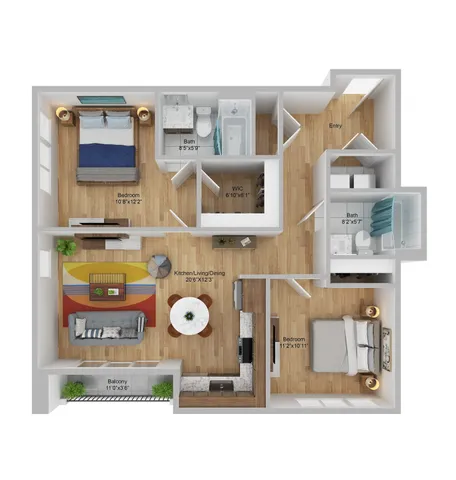 Modern 2D floor plan of a stylish apartment featuring 2 bedrooms, an open kitchen-living-dining area, 2 bathrooms, and a private balcony, located at Pier 40, Philadelphia.