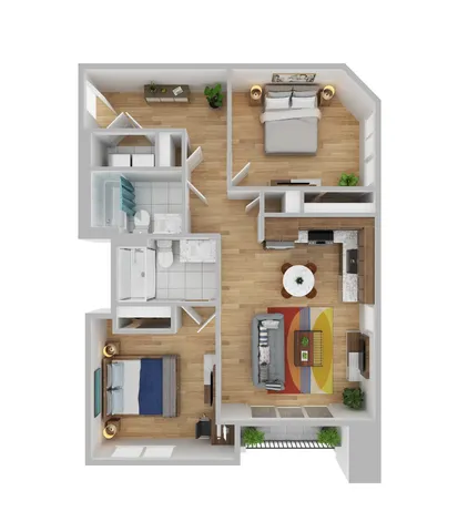 Contemporary 2-bedroom floor plan featuring open living space, modern kitchen, and stylish furnishings at Pier 40, Philadelphia.
