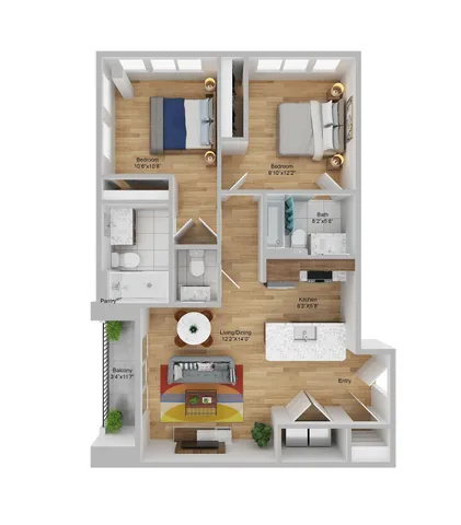 Contemporary floor plan of a 2-bedroom apartment featuring a spacious living/dining area, sleek kitchen, and a cozy balcony at Pier 40 in Philadelphia.