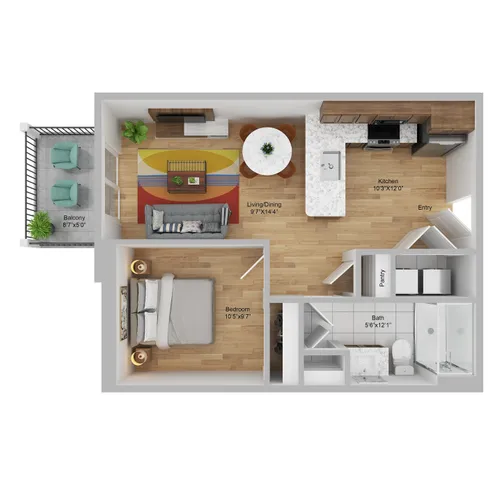 Chic 1-bedroom floor plan featuring a cozy living/dining area, modern kitchen, private balcony, and stylish bath in Philadelphia.
