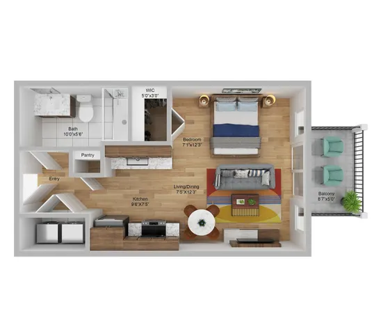 Chic studio A floor plan at Pier 40 featuring a cozy bedroom, modern kitchen, and inviting living/dining area with balcony, located in Philadelphia PA.