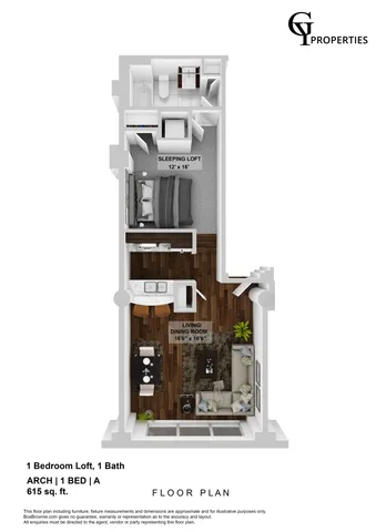Inviting floor plan showcasing a modern 1 bedroom loft with a spacious living/dining area and a sleek kitchen, totaling 615 sq ft.