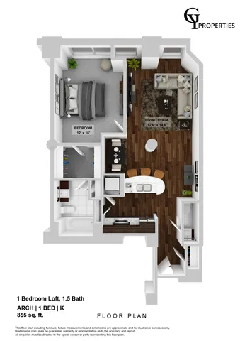 Inviting 3D floor plan featuring a modern 1 bedroom loft with 1.5 baths, a spacious living room, and a stylish kitchen. Total area 855 sq. ft.