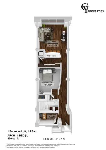 Contemporary 1 bedroom loft floor plan featuring an open living and dining area, sleeping loft, and stylish kitchen in an 870 sq. ft. layout with 1.5 baths and a cozy computer alcove.