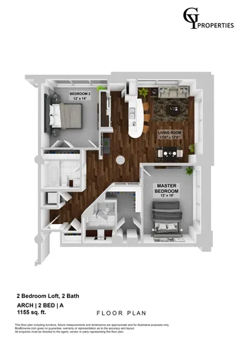 Chic 2-bedroom loft floor plan with spacious living room, modern kitchen, and two baths, totaling 1155 sq ft.