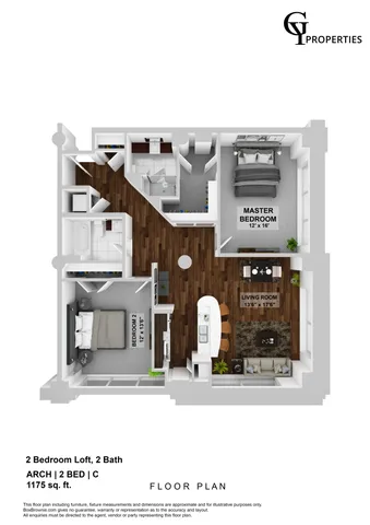 Modern 2 bedroom loft apartment floor plan with 2 bathrooms, open living space, and a stylish kitchen, spanning 1175 sq. ft.