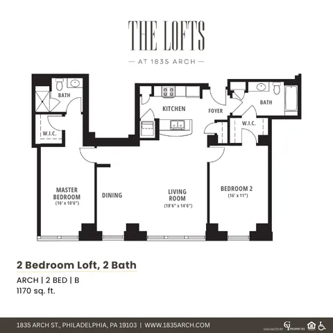 Modern 2 bedroom loft floor plan at The Lofts featuring a spacious living room, open kitchen, and two bathrooms, totaling 1170 sq. ft.