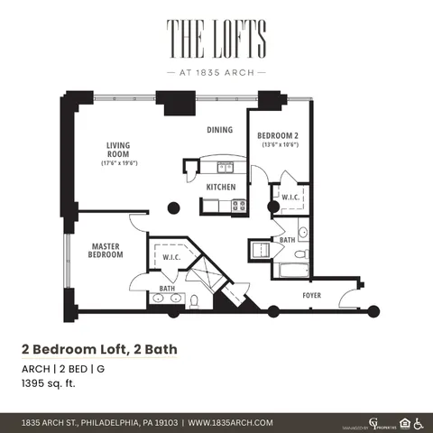 Chic floor plan of The Lofts at 1835 Arch featuring 2 bedrooms, spacious living room, and modern kitchen, totaling 1395 sq. ft.