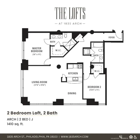 The Lofts at 1835 Arch floor plan displaying a spacious 2 bedroom, 2 bath layout with open living room, modern kitchen, and dining area, encompassing 1410 sq. ft.