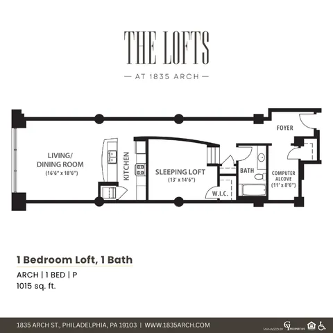 Chic 1-bedroom loft floor plan featuring a spacious living/dining room, modern kitchen, and cozy sleeping loft at The Lofts, Philadelphia, 1015 sq. ft.