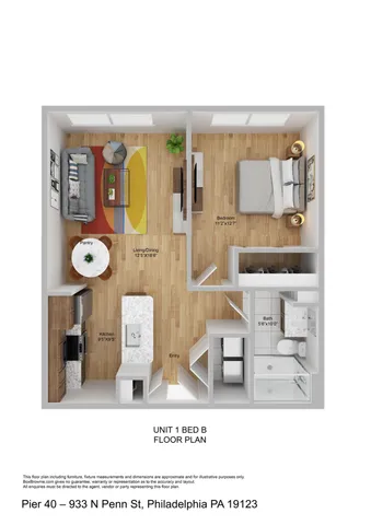 Contemporary 1-bedroom floor plan showcasing a spacious living and dining area, modern kitchen, and sleek bathroom in Philadelphia\'s vibrant Pier 40.