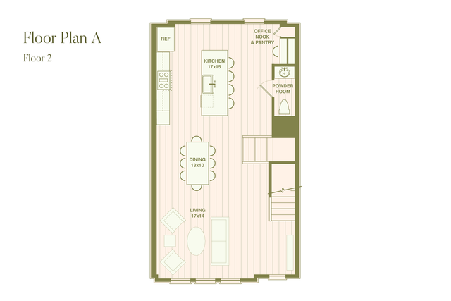 Inviting floor plan showcasing a spacious kitchen, cozy living area, dining space, and functional office nook on the second floor.