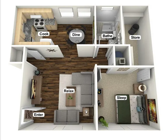 Modern floor plan of a single-bedroom apartment with open living and dining areas, a kitchen, and a bathroom.