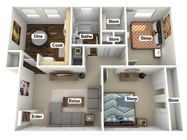 3D floor plan of a cozy apartment with 2 bedrooms, an open living area, dining space, and kitchen.