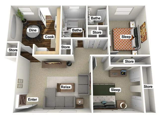 3D floor plan featuring two bedrooms, living room, kitchen, dining area, and ample storage.