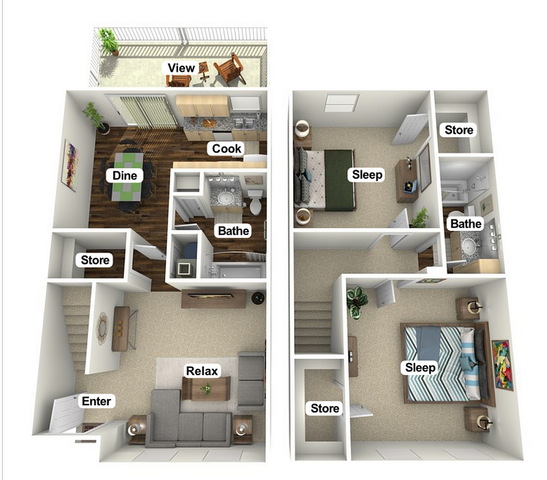 Detailed 3D floor plan showcasing a dual-level design with two bedrooms, open living and dining area, and a modern kitchen.